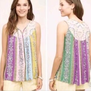 ANTHROPOLOGIE One September Larkspur Tank Embroidered Boho Patchwork Blouse Top